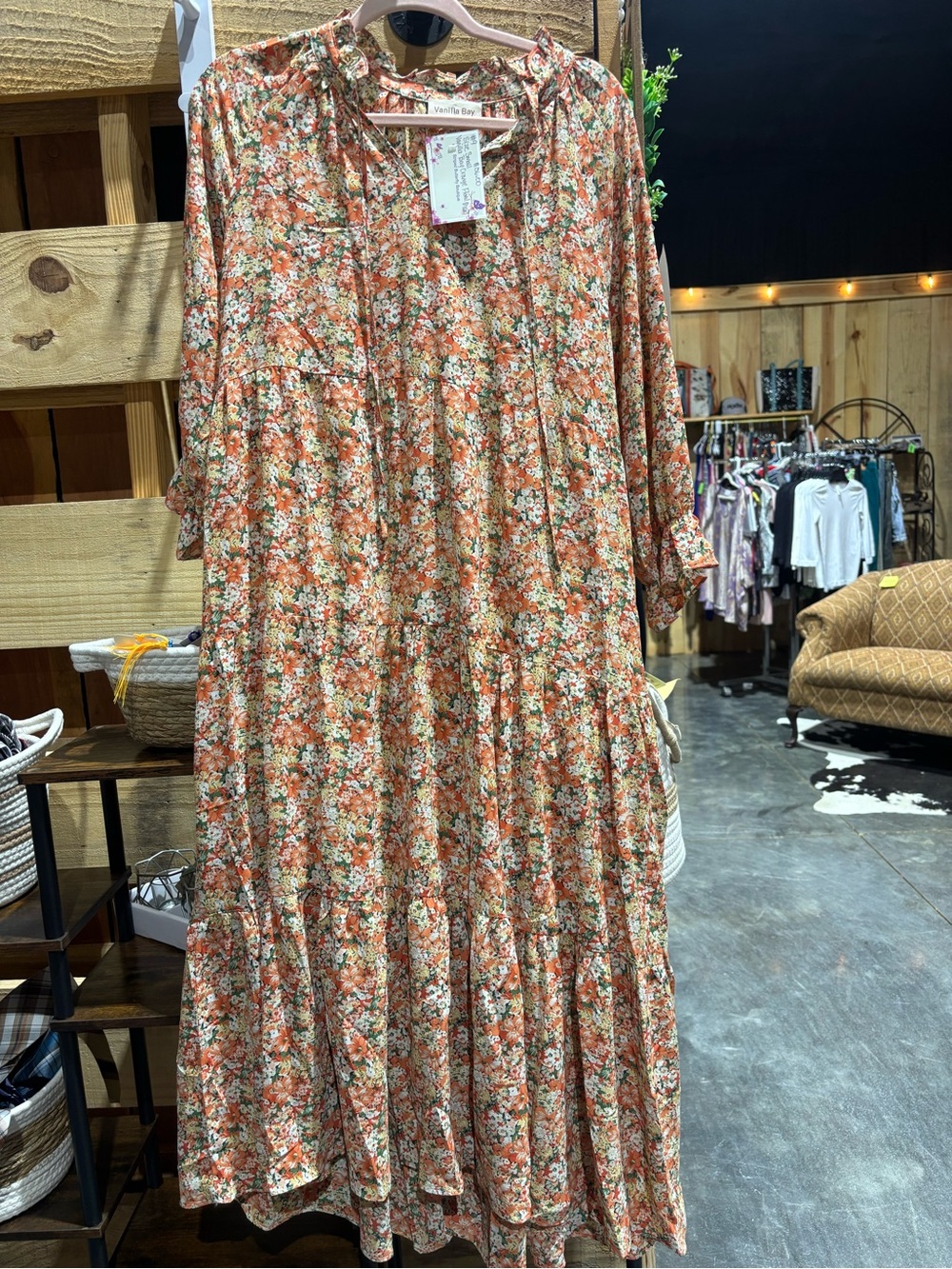 Vanilla Bay Orange Floral Tiered Maxi Dress